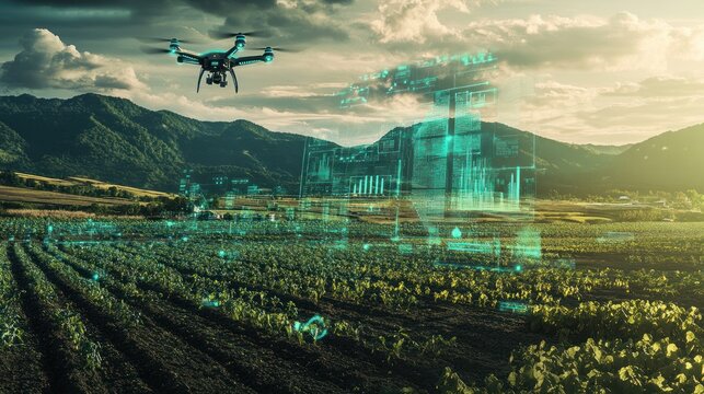 A drone flies over a field of crops, collecting data with futuristic technology and digital overlay.